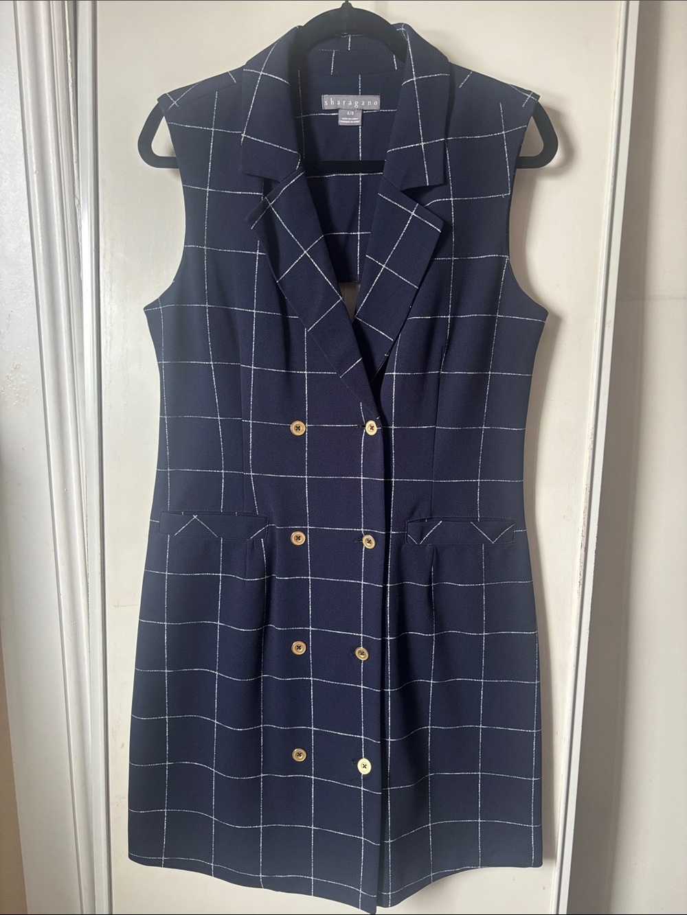 Sleeveless Navy Windowpane Double-Breasted Dress